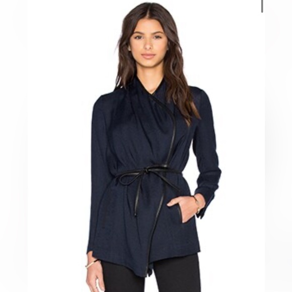Vince Jackets & Blazers - VINCE Leather Trim Drape Neck Jacket in Coastal Navy Blue Pockets Women’s 6
